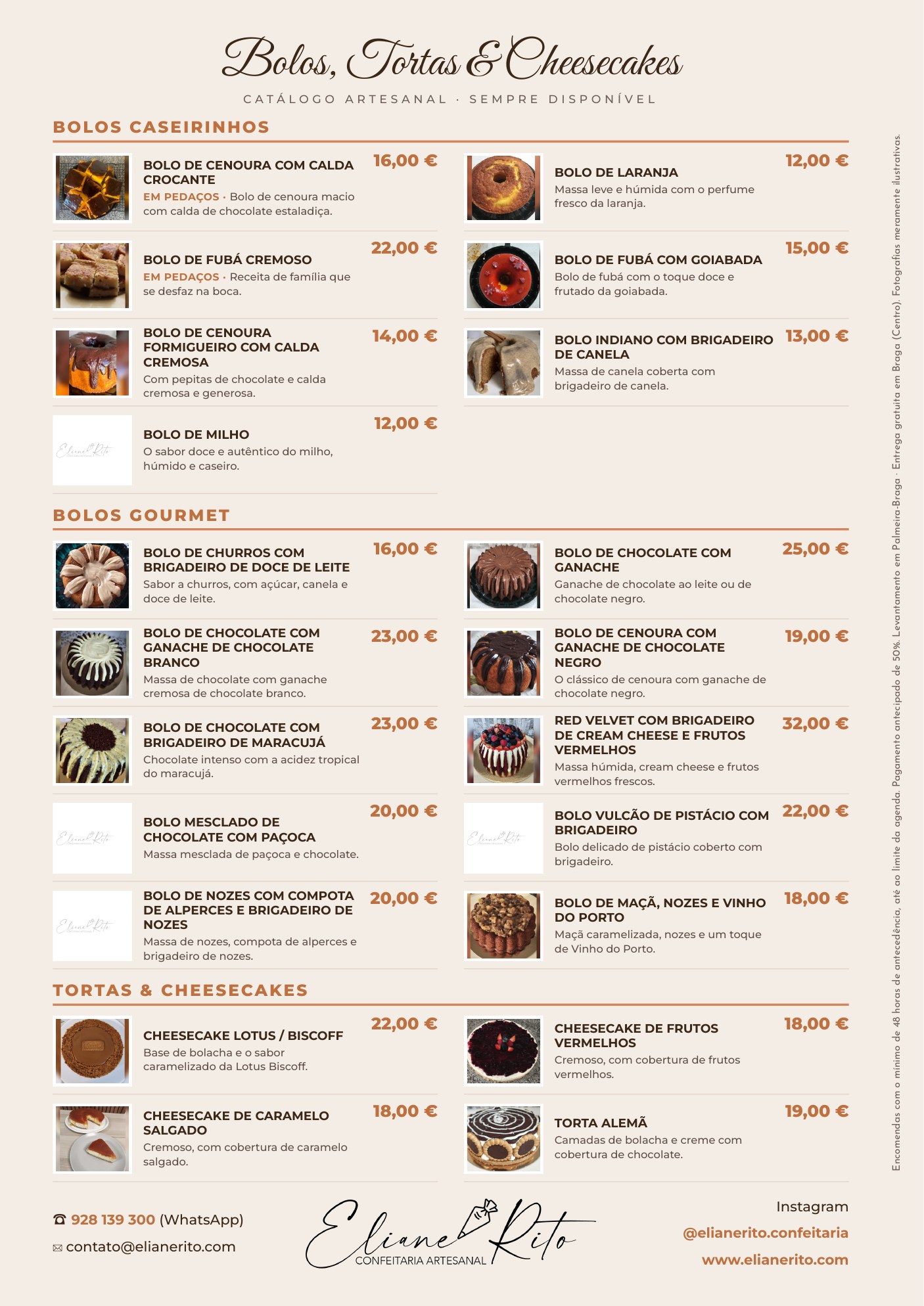 Bolos, Tortas & Cheesecakes — catálogo com todos os produtos e preços